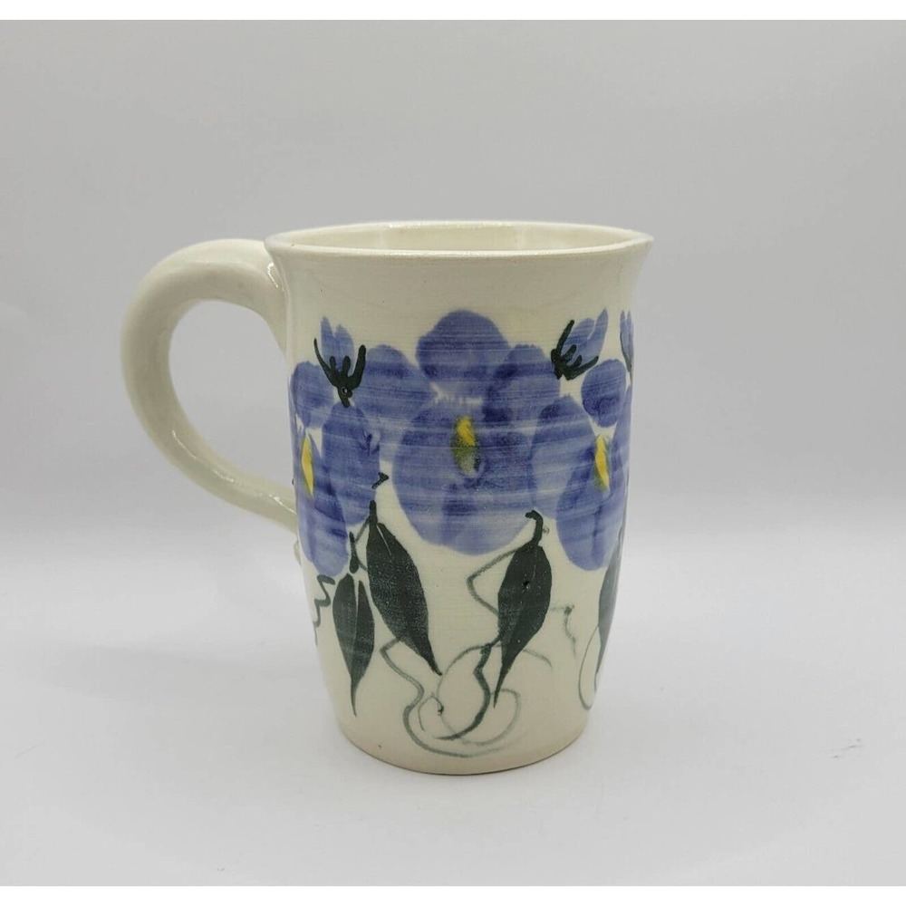 Studio Pottery Blue Violets Forget Me Nots Flowers Ceramic Coffee Tea Mug